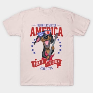 Cute and Funny Doxie Dachshund Dog with Red white and Blue sunglasses Fur Baby Rockin Freedom T-Shirt